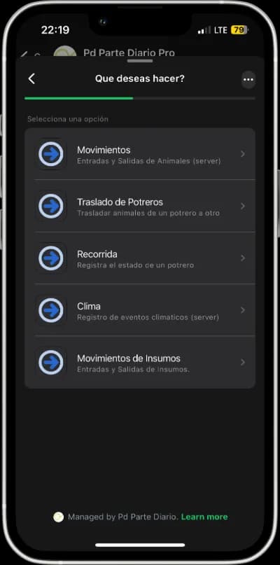 Menú interactivo de WhatsApp de Parte Diario para carga de datos en campo